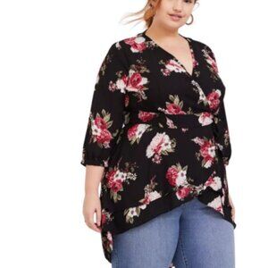 Torrid Womens Georgette Wrap Tunic Blouse Black Floral Plus 2X
